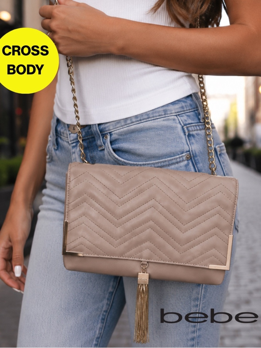 BEBE 🤍Chevron Quilted Crossbody & Handheld Bag, Light Taupe, Gold Chains 9x10”